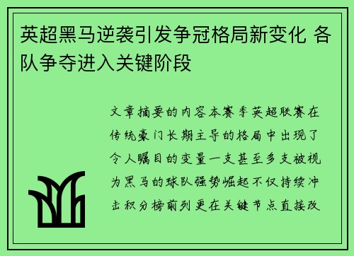 英超黑马逆袭引发争冠格局新变化 各队争夺进入关键阶段 英超黑马逆袭引发争冠格局新变化 各队争夺进入关键阶段